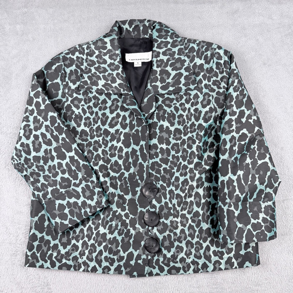Caroline Rose Teal Black Leopard Print Button Front Jacket Size S Made in USA
